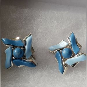 Vintage Cora Blue & Silver Tone Square Abstract Clip On Earrings
